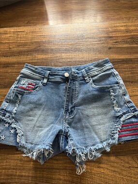 Denim Jean Shorts with Flag Embroidery - Blue